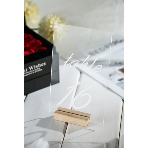 Personalized Acrylic Table Numbers with Holders,Calligraphy Table Number Wedding Signage,Clear Wood Wedding Table Number Stand