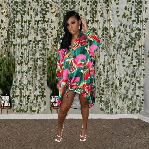 2021 New Arrival Fashion Design Shirts Dress Print V-neck Long Sleeve Summer Loose Midi Dress Vestidos