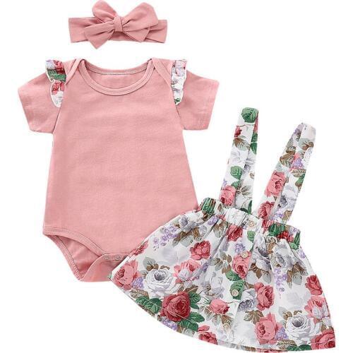 3PCS/Set Newborn Baby Girl Summer Clothes Cotton Pink Ruffle Sleeve Bodysuit Floral Suspender Skirt with Headbands 0-24M