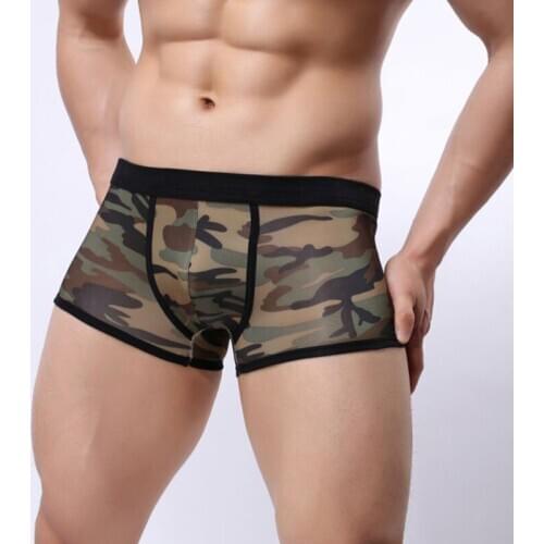 Sexy Men Camo Ice Silk Shiny Transparen Boxer CamouflageU Convex Pouch Boxer See Through Underwear Gay Wear Plus Size F7