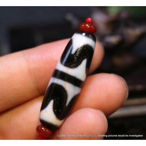 Energy Power Tibetan Old Agate Cinnabar Dots Double Tiger Tooth Totem dZi Bead A Timestown UPD22