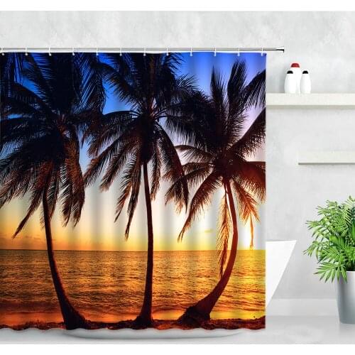 3D Waterproof Wall Backdrop Decor Cloth Screen Bathroom Curtain Set Dusk Beach Coconut Trees Ocean Scenery Hooks Shower Curtains