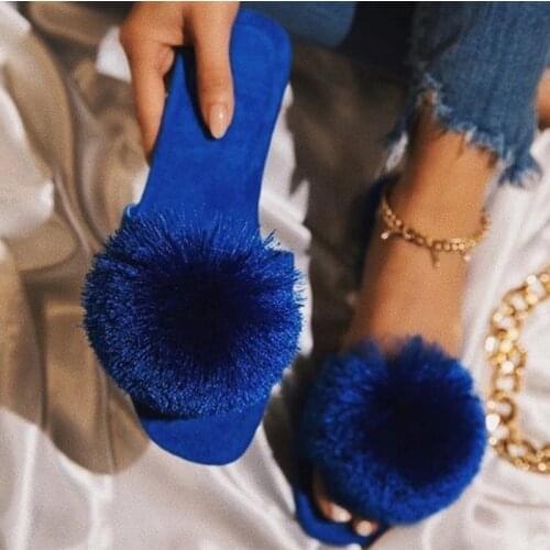Fluffy Pompon Flat With Slip-On Womens Slippers Royal Blue Women Shoes