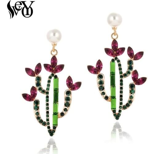 VEYO Trendy Cactus Crystal Pearl Drop Cute Plant Dangle Earrings Fashion Jewelry For Woman Gift
