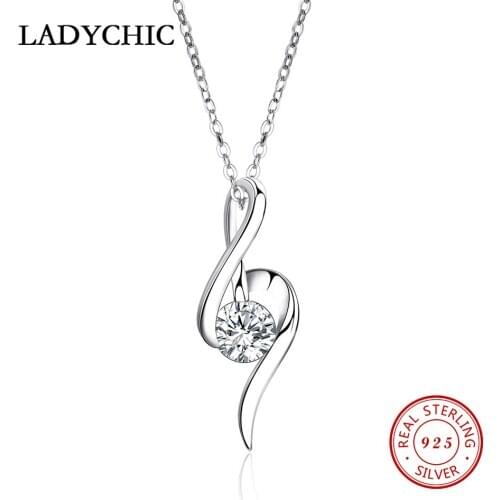 LADYCHIC Real 925 Sterling Silver Minimalism Elegant Round Clear Crystal Pendant Necklace Women Pure Silver Gift Jewelry LNS1006