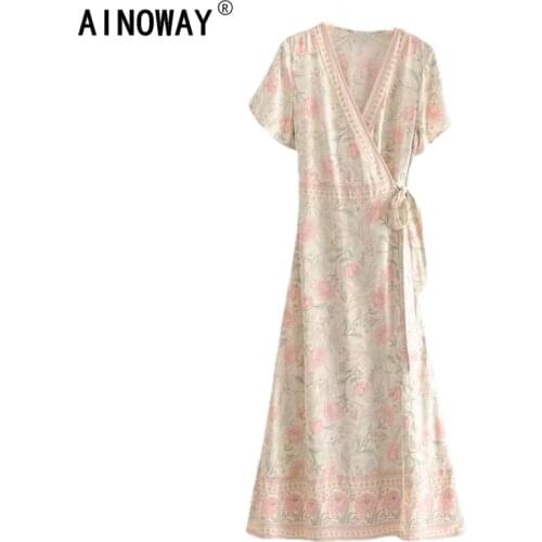 Vintage chic women floral print cross v-neck beach Bohemian maxi dress Ladies v-neck ruffles Boho pleated dress vestidos