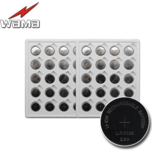 40pcs/2pack Wama New LIR2025 Rechargeable Coin Batteries 3.6V Li-ion Lithium Replace CR2025 BR2025 Button Cell Battery