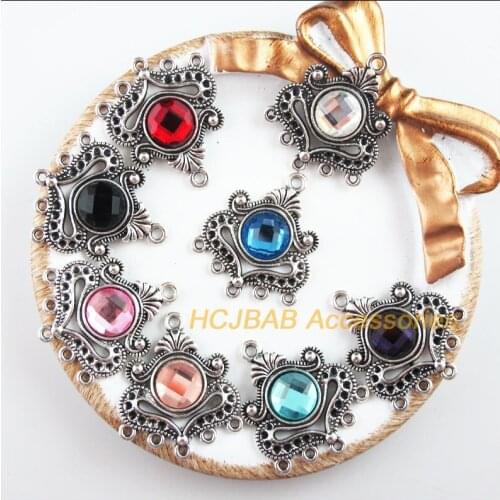8Pcs Tibetan Silver Tone Heart Retro Mixed Crystal Charms Connectors 26x31mm