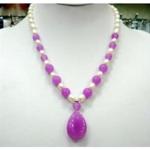 White Freshwater Cultured Pearl&Purple Jade Pendant Necklace 18