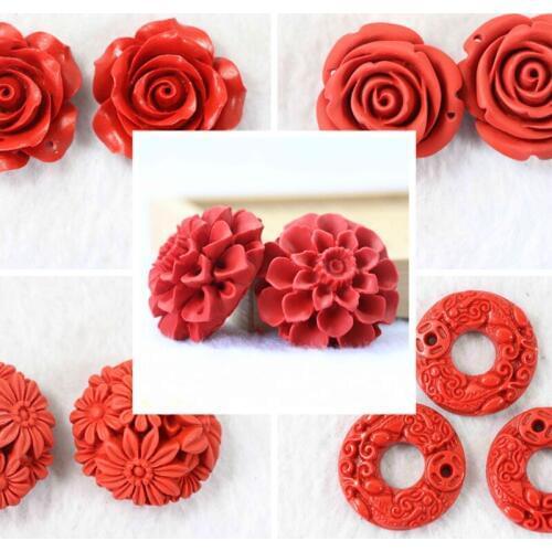 Noble red imitation cinnabar carving fine flower pendants hot sale beads diy women jewelry accessories gems 2pcs B957