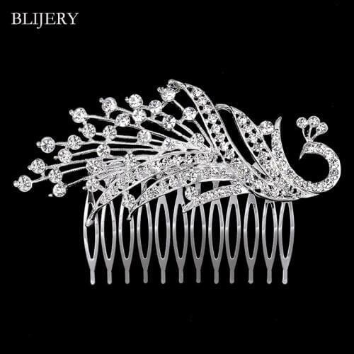 BLIJERY Fashion Animal Wedding Hair Accessories Silver Plated Crystal Peacock Bridal Hair Combs Hairpins for Women Hair Jewelry
