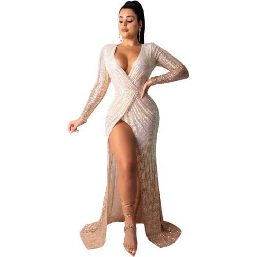 Elegant V Neck Sequin Dress Women Luxury Evening Party Long Sleeve Shiny Dresses Sexy Hight Slit Maxi Dress