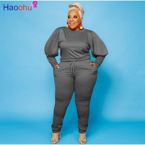 HAOOHU Active Plus Size XL-5XL Womens Set Lantern Sleeve Sweatshirt Pants Matching Set Tracksuit Fitness Two 2Piece Set Outfit