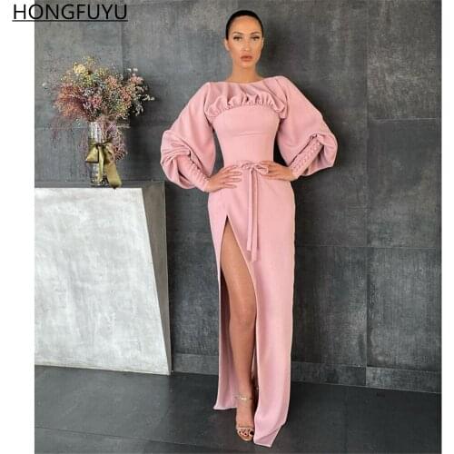 HONGFUYU Button Puff Long Sleeves Prom Dresses Scoop Neck High Slit Soft Satin robes de soirée Evening Party Gowns with Sash