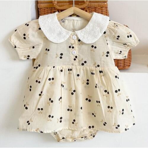 Korean Style Toddler Baby Girl Cherry Print Dress Rompers Cotton Short Sleeve Infant Baby Girls Jumpsuit Baby Girls Clothes