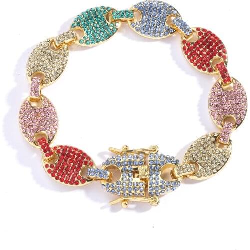 12MM Color Zircon Pig Nose Bracket Mens Hip Hop Chains Rock Jewelry for Men Charm Bracelet Bangle