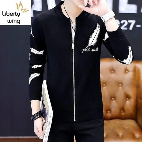 Men Casual Cardigan Street Fashion Zipper Long Sleeve Knitting Sweater Autumn New Flower Printing Baseball Jacket Male