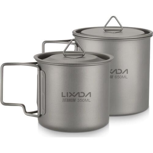 / 2PCS Ultralight Titanium Cup Set Outdoor Portable Camping Tableware Cookware 350ml+650ml Water Cup Mug with Foldable Handle