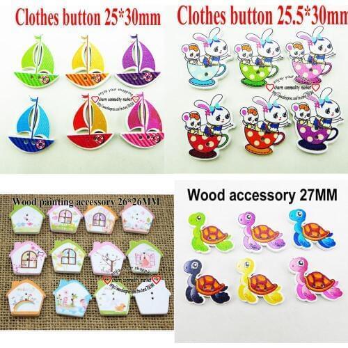 50pcs lovers sailing boat buttons 2 Holes patterns cartoons Wood Sewing rabbit Button Scrapbook charms WCF-666