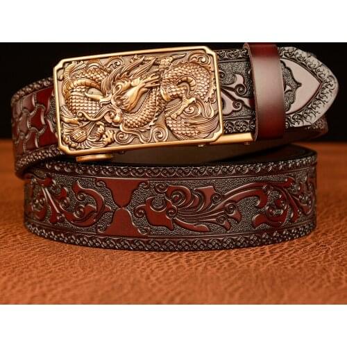 Embossing Retro Technology Floral Cowhide Leather Belts for Men Dragon Pattern Automatic Buckle Business Genuine Leather Belt