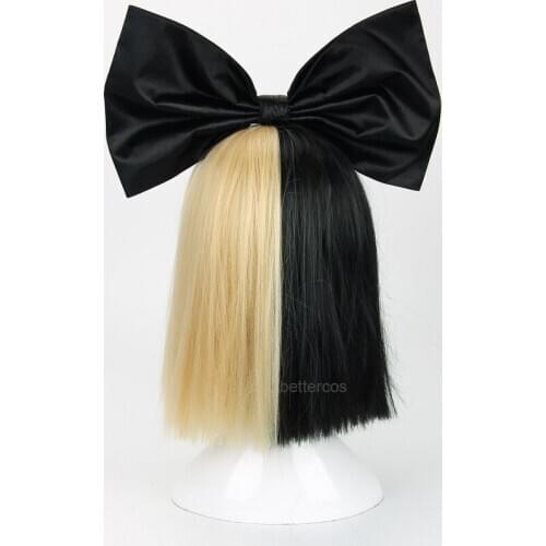 Sia Alive This Is Acting Half Black And Half Light Blonde Covers Eyes And Nose Heat Resistant Hair Cosplay Wig + Wig Cap + Bow