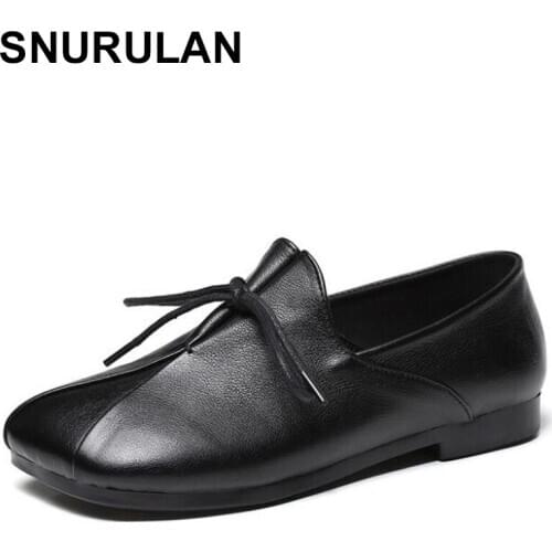 SNURULAN 2020Handmade Shoes Woman Slip On Vintage Genuine Leather Loafers Women Shallow Leather Flats Shoes Woman