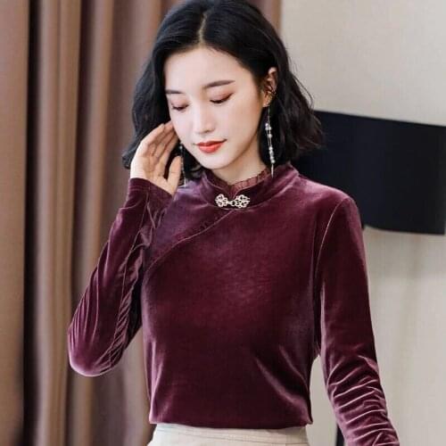 2019 Autumn Spring Vintage Woman Female Slim Mandarin Collar Wine Red Black Velour Top Shirt , Velvet T Shirts Tops for Women