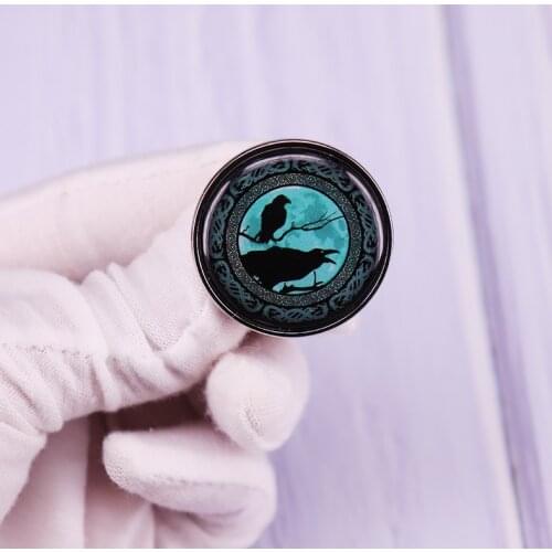 Crow Resting On Branch Pin Black Bird Encircled Raven Brooch Witch Goth Magic Badge Fashion Accessory
