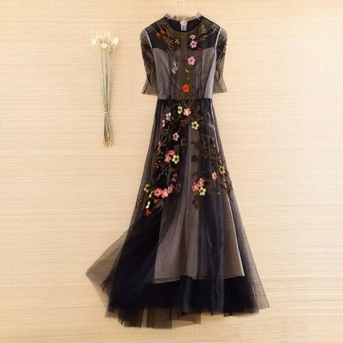 High-end Spring And Summer Mesh Dress Ethnic Style Retro Elegant Embroidery Slim O-neck Half Sleeve Party Dress S-XL