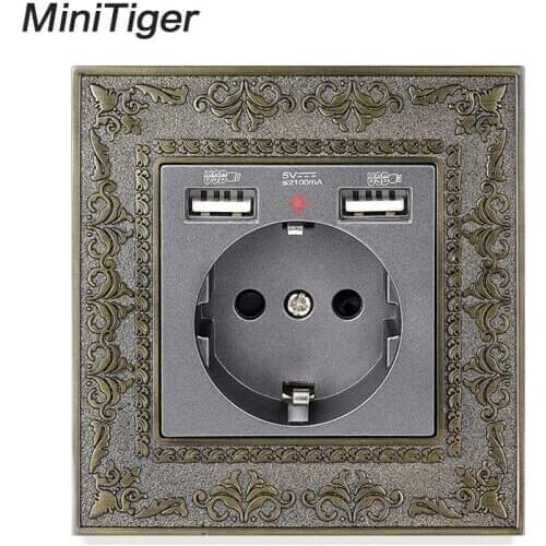 Minitiger 16A EU Standard Zinc Alloy High-end Retro Panel Power Wall Dual USB 2.1A With Socket Charging Port Embossed Panel