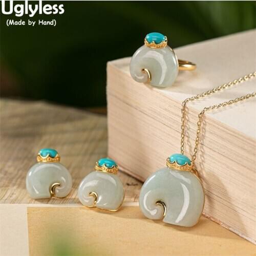 Uglyless Natural Emerald Elephants Jewelry Sets Women Animals Rings Studs Earrings Necklaces NO Chains Gold 925 Silver Turquoise
