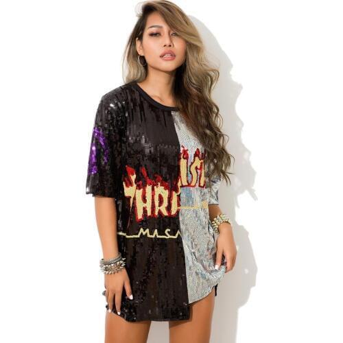 Stylish Sequins Letter print Summer tops t shirt Women Hip hop streetwear Street dance Loose vintage club harajuku Female tshirt