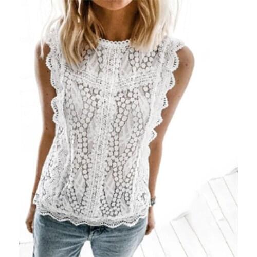 40# Sexy Lace Blouse Women Elegant Sleeveless Top Women Hollow Out O Neck Blouses And Shirts Solid Color Blusas Y Camisas