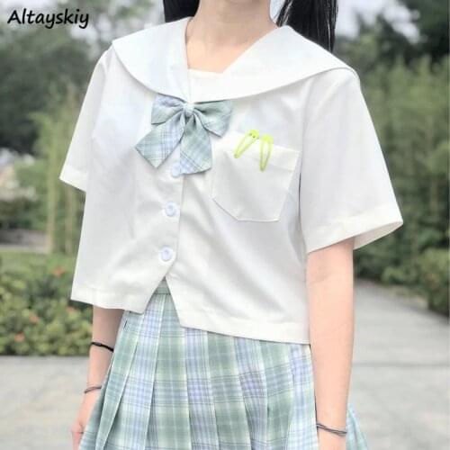 Women Shirt Short Sleeve Single Breasted Japanese Korean JK Style Female Clothing Summer Simply Trendy Casual Turn-down Collar