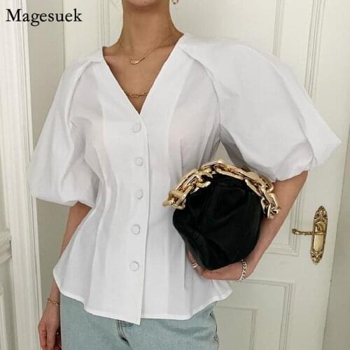 Vintage Woman Korean Chic Backless Slim Tops Summer V-neck White Blouse Women Single-Breasted Puff Sleeve Shirt Blusas New 14813