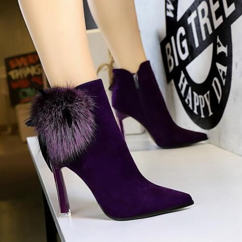 2021 Winter Women Boots Crystal High Heels Suede Pointed Rabbit Hair Boots Fashion Ankle Boots Thin Heels Shoes Woman Sapatos