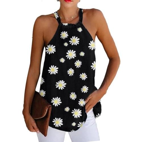 Women Casual Sleeveless Marguerite Print Halter Camisole Cotton Linen Loose Top Print Halter Camisole Cotton Linen Loose Top