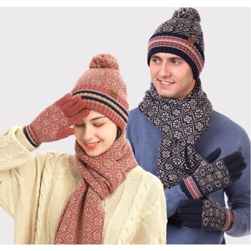3Pcs Unisex Winter Scarf Hat & Glove Set For Men Women Pompom Beanies Touch Screen Gloves Warm Scarf Geometric Velvet Skull Cap