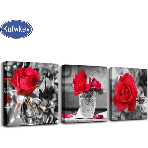 3 Piece Diy Diamond Mosaic"Black And White Rose Flowers Red"Diamond Embroidery Full Square Round Diamond Painting Rhinestone