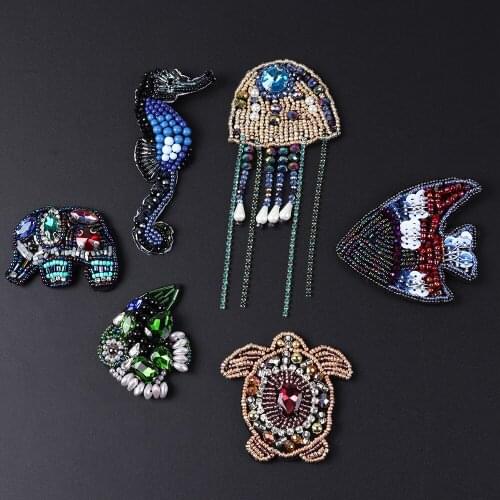 Beaded Rhinestone Elephant Jellyfish Tortoise Patch for Clothes Sewing on Beading Applique Brooch Crystal Patches for Jacket Bag