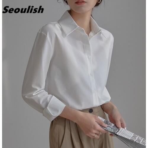 Seoulish Elegant OL Style White Womens Blouse 2021 New Spring Autumn Single Breasted Chic Turn-down Collar Office Shirts Female