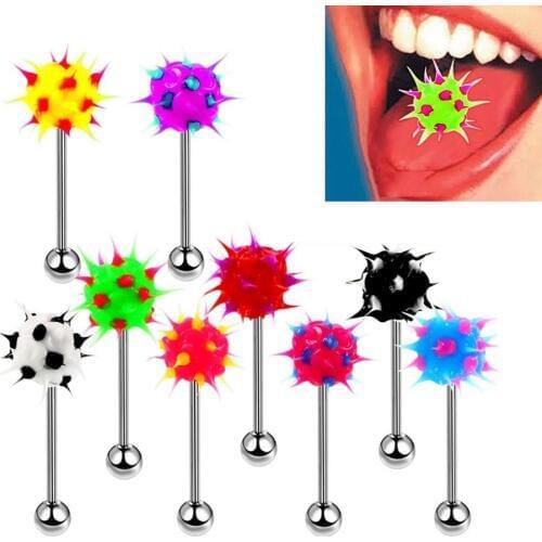 HONGTU 10pcs Colorful Silicone Tongue Rings Women Stainless Steel Tongue Piercing Barbell Tongue Ring Bar Funny Body Jewelry 16g