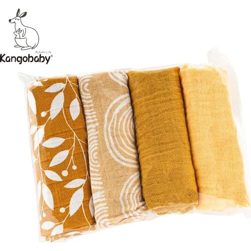Kangobaby #My Soft Life# 4 Pieces Pack Organic Baby Muslin Swaddle Bib 60x60cm Scarf Handkerchief Burp Cloth Set