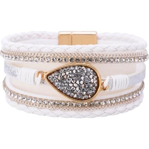 Leather Bracelets for Women Rhinestone Crystal Metal Charm Wide Multilayer Wrap Bracelets & Bangles Jewelry