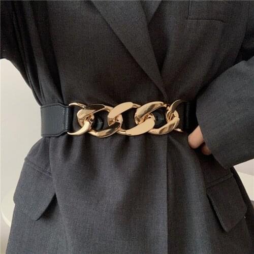 Fashion Gold Metal Buckle Elastic Waistband Women Belt Metal Chain Buckle Leather Belts for Dress Coat Suits Ladies