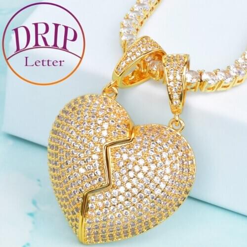 Couple Heart Pendant 4MM Tennis Chain Gold Color Cubic Zirconia Mens Hip Hop Rock Necklace Jewelry
