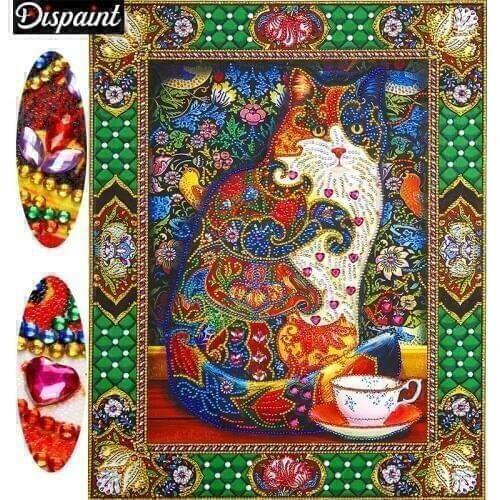 Dispaint Diamond Painting Animal Diy Diamond Embroidery Cat Home Decor Partial Round Drill Special Shaped Diamond 3D 40x50cm