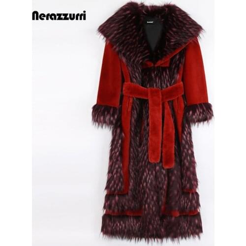 Nerazzurri Winter High Quality Long Thick Warm Fluffy Patchwork Faux Fur Coat Women with Fox Fur Trim Runway Korean Fashion 2021