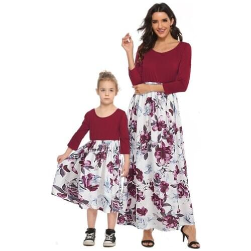 2020 TALLOLY new parent-child long skirt mother daughter wine red long-sleeved printed skirt