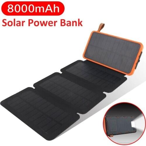 8000mAh Portable Foldable Solar Power Bank External Battery Powerbank Phone Charger With SOS LED Camping Light Poverbank